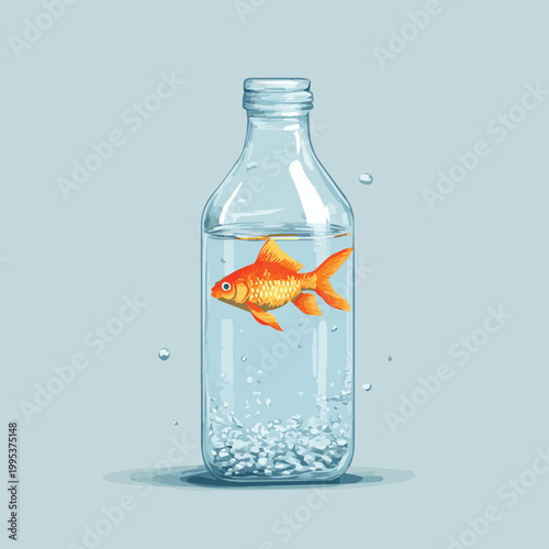 A whimsical illustration of a goldfish swimming in a glass bottle, representing freedom and confinement.