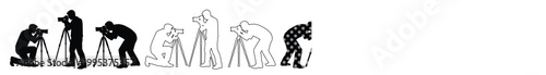 Photographer silhouettes vector set, diverse camera operators with tripods, capturing moments, creative photography concepts, black and white line art illustration
