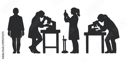 Science and Medical Laboratory Silhouettes, a collection of black vector icons depicting scientists and researchers working with microscopes and test tubes