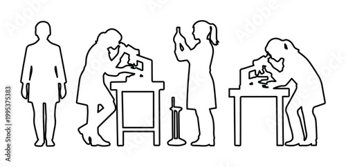 Science laboratory vector illustration set, diverse scientists and researchers working with microscopes and lab equipment, scientific research and discovery concept, black and white line art