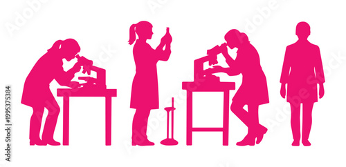 Female scientists and researchers in lab coats, working with microscopes and test tubes. Pink vector silhouettes on white, representing science, technology, engineering