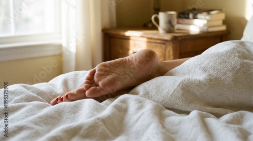 Cozy Morning - Womans Feet Under White Bedding in Sunlight.