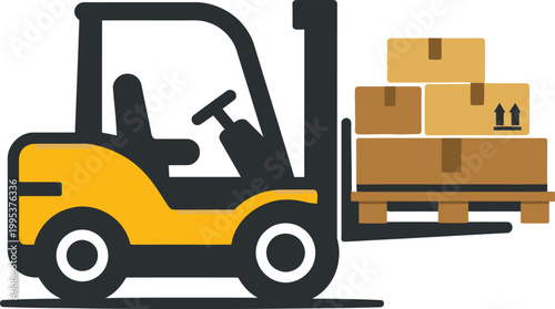 Forklift truck with cardboard boxes on pallet isolated on white background