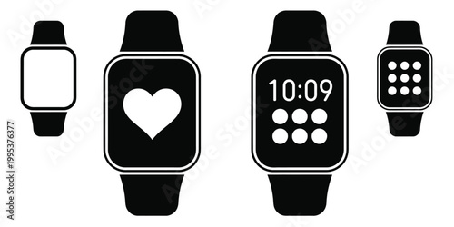 Minimalist smartwatch icon set, wearable device interface with blank screen heart rate time and app icons modern UI technology vector design