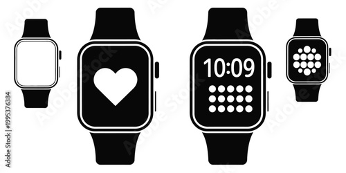 Minimalist smartwatch icon set, wearable device interface with blank screen heart rate time and app icons modern UI technology vector design