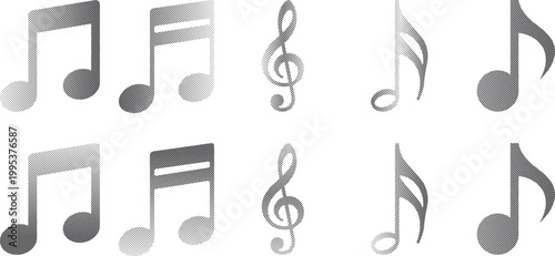 Musical Notes Halftone Icon Collection – Musical Notes Dotted Circles Halftones Geometric Dots Gradient – Dot Spray Gradient Vector Set for Modern Graphic Design