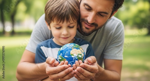 Father and Son Holding a Miniature Globe Outdoors.