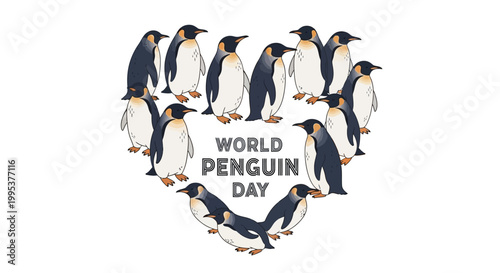 A delightful vector illustration celebrates World Penguin Day, showcasing a charming penguin colony forming a heart shape against a clean white background, symbolizing wildlife conservation