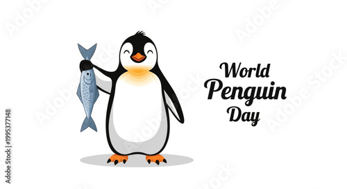 On World Penguin Day, an adorable cartoon penguin illustration holds a freshly caught fish against a clean white background, designed in a playful vector style to promote wildlife