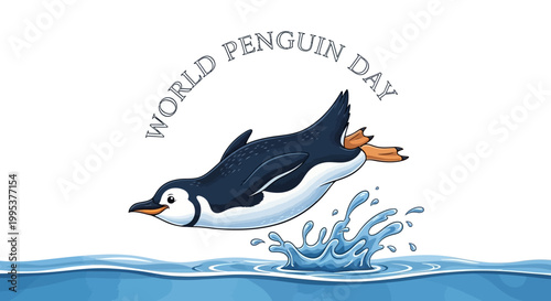 A cheerful cartoon penguin dives into the water, celebrating World Penguin Day with a splash, set against a clean white backdrop in a vibrant vector illustration symbolizing wildlife