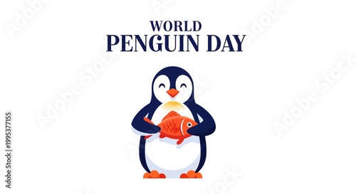 A cheerful cartoon penguin illustration embraces a bright orange fish to celebrate World Penguin Day, set against a clean white background with a flat vector design and a social behavior