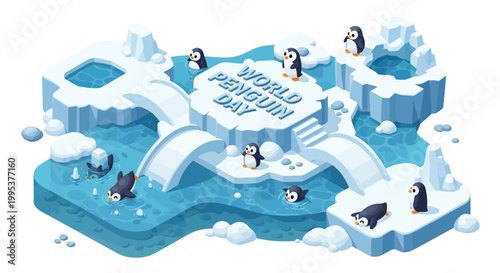 Isometric vector art celebrates World Penguin Day, depicting cartoon penguins swimming and standing on icy platforms with 'World Penguin Day' text, set against a crisp white background