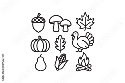 Autumn themed line art icons including a turkey leaves and produce