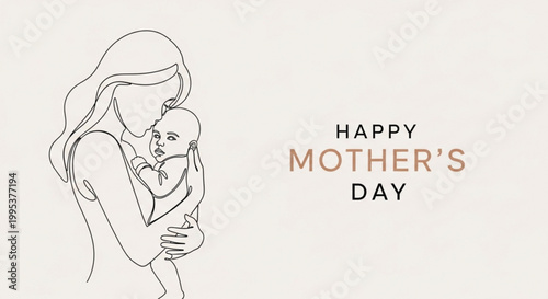 Minimalist continuous line art drawing of mother holding newborn baby