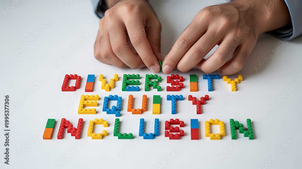 Obraz premium Hands arranging colorful blocks spelling diversity equity inclusion symbolizing financial stability and economic growth