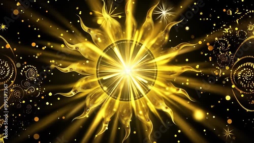 Abstract golden sunburst illustration against a dark background