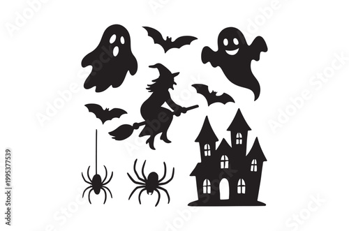 Halloween silhouettes featuring ghosts a witch spiders and a haunted house
