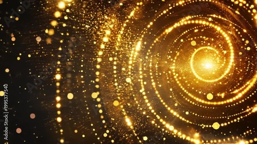 Abstract golden spiral design with sparkling particles on a black background