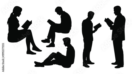 People reading silhouettes vector, showing students and adults engaged in books reading education and knowledge concept