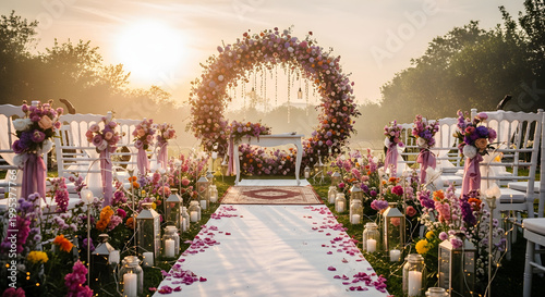 Romantic Outdoor Wedding Ceremony with Colorful Floral Arch, Aisle Decor and Golden Sunset
