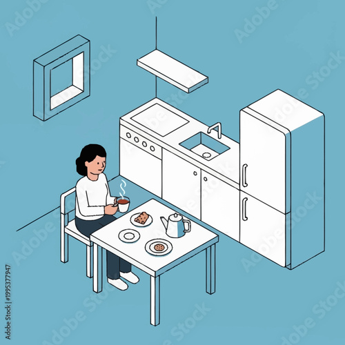 Woman eating breakfast in modern kitchen.