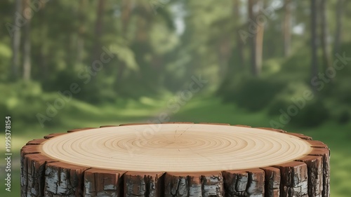 Natural Wood Slice Podium for Product Display in Lush Green Forest Setting