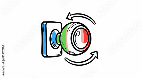 Italian flag colored door knob with rotation arrows indicating open or close motion vector