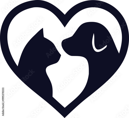 Clean cat and dog silhouette logo design with heart, ideal for pet care brands, veterinary clinics, shelters, and modern animal service businesses.