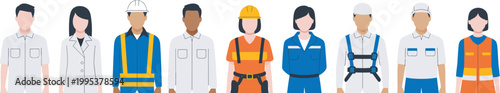 Diverse group of cartoon workers in various uniforms and safety gear standing in a row