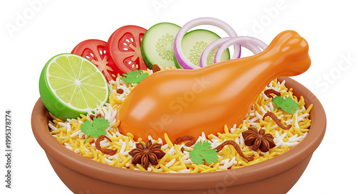 3D Rendered Chicken Biryani with Garnishes