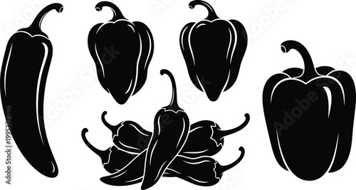 Black Pepper Bell and Chili Peppers Isolated on White Background