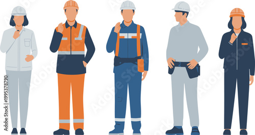 Five construction workers in different uniforms and hard hats standing alone