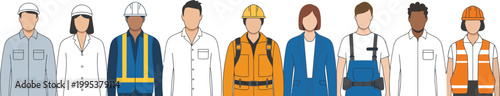 Diverse group of people wearing different work uniforms and safety gear standing together