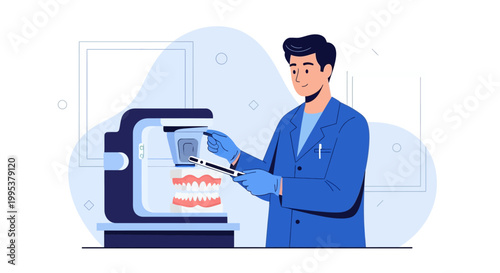 Dentist operating dental milling machine with artificial teeth model