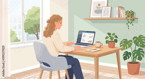 A cozy home office illustration featuring a woman working remotely on a laptop with business analytics dashboard on screen.