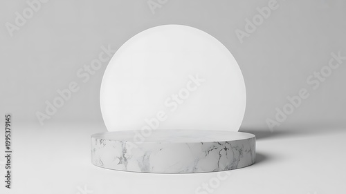 White Marble Cylinder Podium with Glowing Circular Backdrop for Product Presentation, Podium marble, Elegant Marble Display Stand with Circular Backdrop