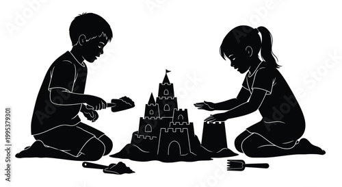Silhouette illustration graphic design of two children, a boy and a girl, actively engaged in building an elaborate sandcastle together on a beach, showcasing teamwork and creative childhood play with