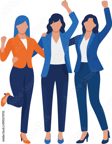 Three businesswomen celebrating success together with fists raised high