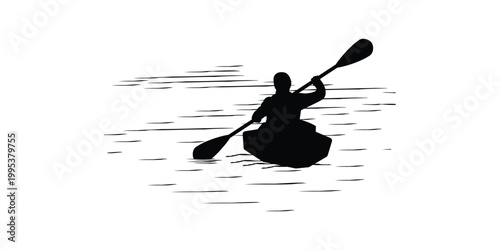 A striking black and white silhouette depicts a person kayaking on rippling water, evoking a sense of tranquility and outdoor adventure. The image is minimalist.