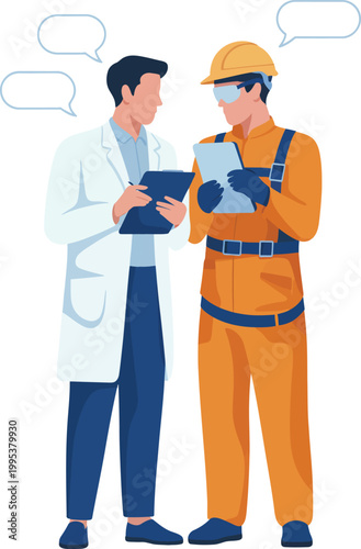 Two men in lab coat and workwear discussing documents together