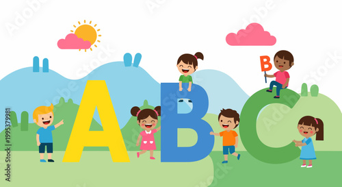 Children Learning Alphabet ABC with Fun Illustrations.