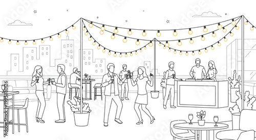 Elegant rooftop party vector illustration featuring a stylish crowd of young people socializing and dancing under glowing string lights during a vibrant summer evening gathering with drinks and music 