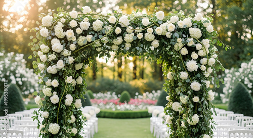 Elegant Outdoor Wedding Floral Arch with White Roses, Greenery and Garden Ceremony Setup