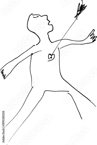 Monochrome hand-drawn pen drawing on paper of a person whose heart is spiritually pierced by an emotional arrow