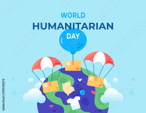 International Humanitarian Day concept. Donation, charity, alms. Global aid distribution. Illustration of the earth with aid boxes being dropped. Caring and assistance. Symbol, element, banner, flat