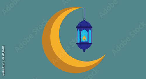 Islamic Crescent Moon and Lantern Illustration.
