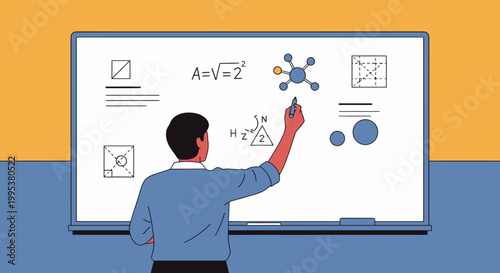 Man writing science formulas on a whiteboard illustration.