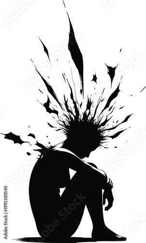 Sad Man Silhouette with Exploding Head on White Background