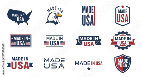 Collection of Made in USA labels and badges.