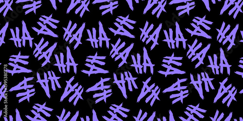 Purple Joker laughing text pattern on black background. Aggressive gritty "HA HA" font for Halloween and comic designs. Vector Illustration